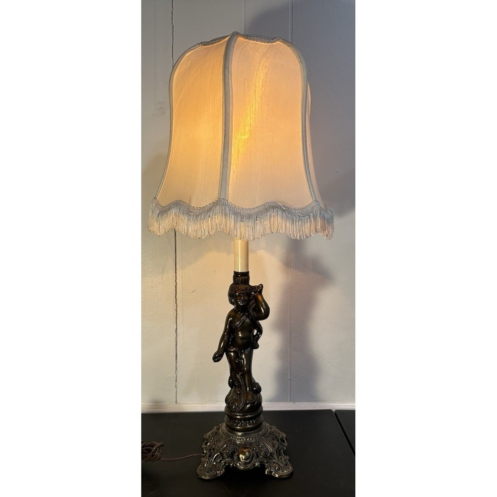 VTG Cast Metal Cherub Table Lamp Art Deco Style Wescal Hardware Fringe Shade 28"